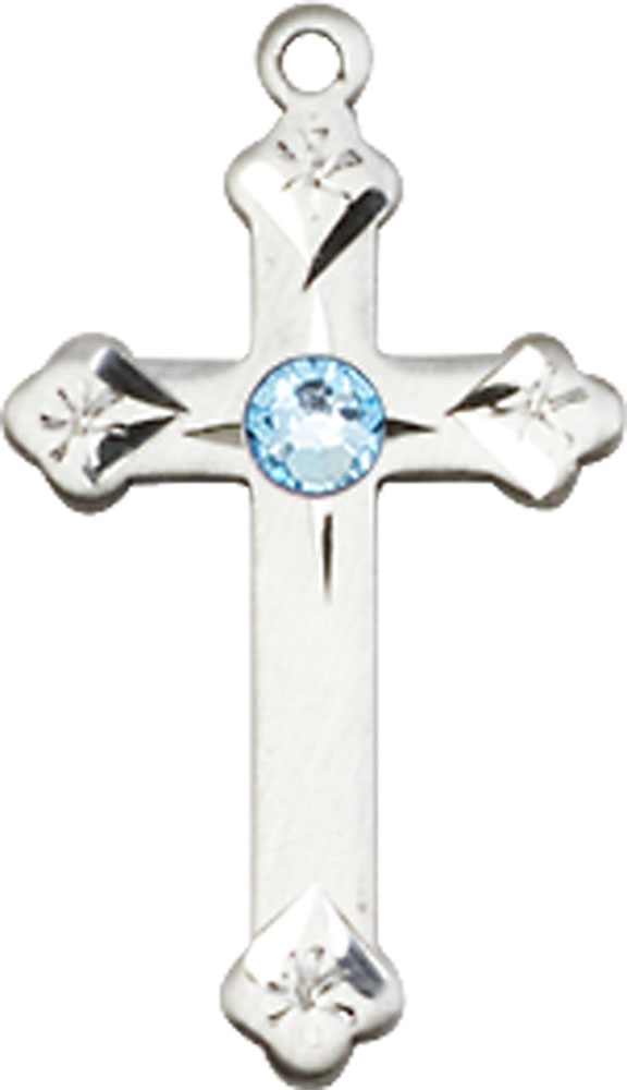 Sterling Silver Cross Medal with a 3mm Aqua Swarovski stone