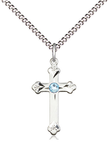 Sterling Silver Cross Pendant with a 3mm Aqua Swarovski stone on a 18 inch Light Rhodium Light Curb chain