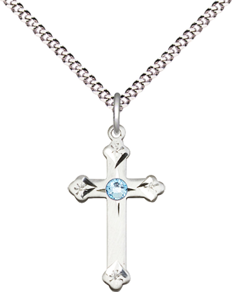 Sterling Silver Cross Pendant with a 3mm Aqua Swarovski stone on a 18 inch Light Rhodium Light Curb chain
