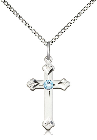 Sterling Silver Cross Pendant with a 3mm Aqua Swarovski stone on a 18 inch Sterling Silver Light Curb chain