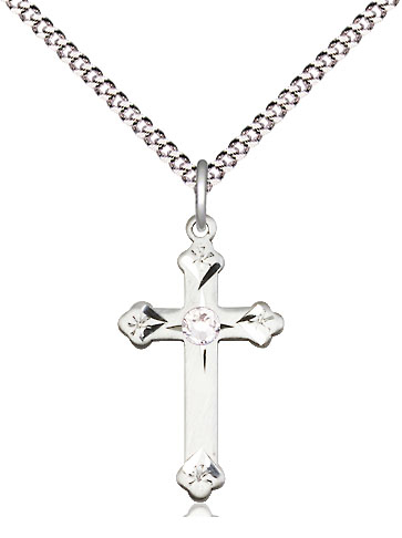 Sterling Silver Cross Pendant with a 3mm Crystal Swarovski stone on a 18 inch Light Rhodium Light Curb chain