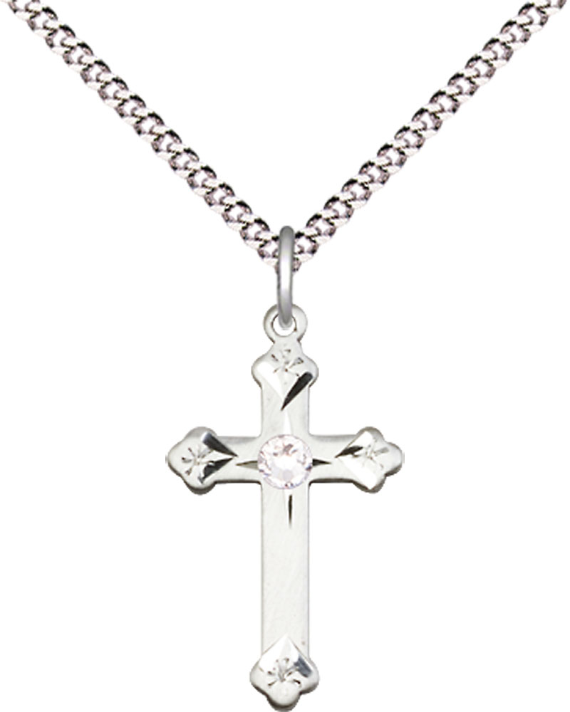 Sterling Silver Cross Pendant with a 3mm Crystal Swarovski stone on a 18 inch Light Rhodium Light Curb chain
