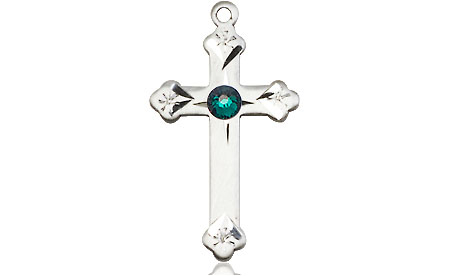 Sterling Silver Cross Medal with a 3mm Emerald Swarovski stone