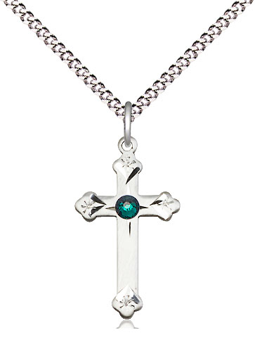 Sterling Silver Cross Pendant with a 3mm Emerald Swarovski stone on a 18 inch Light Rhodium Light Curb chain