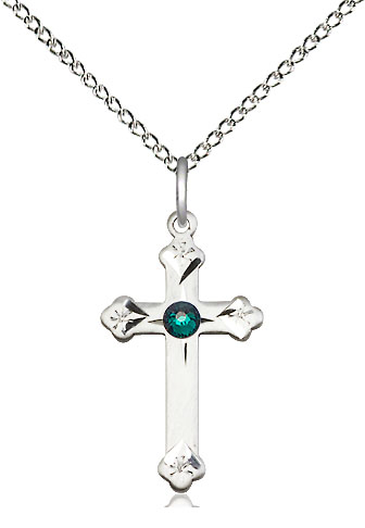 Sterling Silver Cross Pendant with a 3mm Emerald Swarovski stone on a 18 inch Sterling Silver Light Curb chain