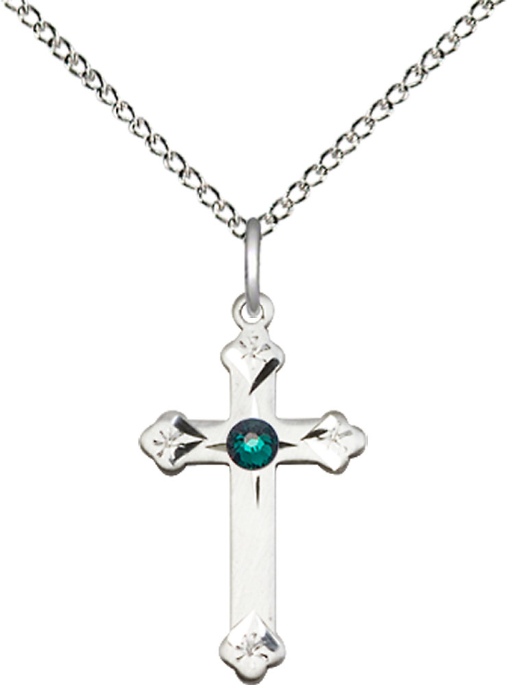 Sterling Silver Cross Pendant with a 3mm Emerald Swarovski stone on a 18 inch Sterling Silver Light Curb chain