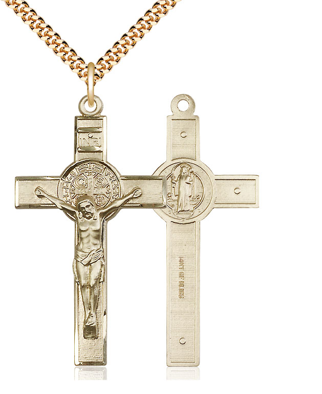 14kt Gold Filled Saint Benedict Crucifix Pendant on a 24 inch Gold Plate Heavy Curb chain