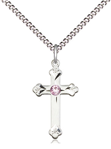 Sterling Silver Cross Pendant with a 3mm Light Amethyst Swarovski stone on a 18 inch Light Rhodium Light Curb chain