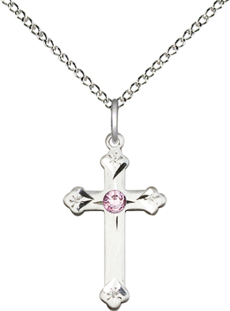 Sterling Silver Cross Pendant with a 3mm Light Amethyst Swarovski stone on a 18 inch Sterling Silver Light Curb chain