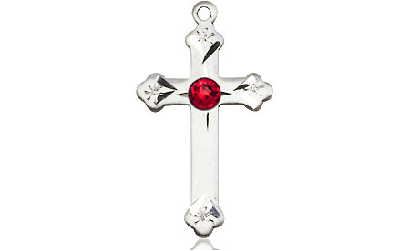 Sterling Silver Cross Medal with a 3mm Ruby Swarovski stone