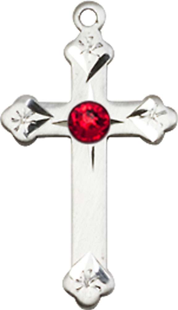 Sterling Silver Cross Medal with a 3mm Ruby Swarovski stone