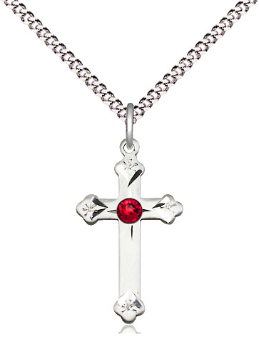 Sterling Silver Cross Pendant with a 3mm Ruby Swarovski stone on a 18 inch Light Rhodium Light Curb chain