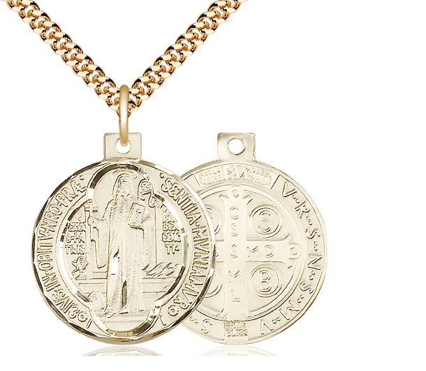 14kt Gold Filled Saint Benedict Pendant on a 24 inch Gold Plate Heavy Curb chain