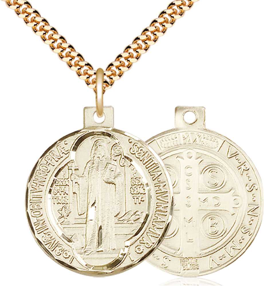 14kt Gold Filled Saint Benedict Pendant on a 24 inch Gold Plate Heavy Curb chain