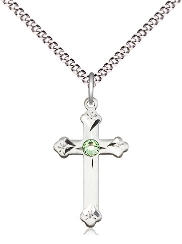 Sterling Silver Cross Pendant with a 3mm Peridot Swarovski stone on a 18 inch Light Rhodium Light Curb chain