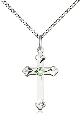 Sterling Silver Cross Pendant with a 3mm Peridot Swarovski stone on a 18 inch Sterling Silver Light Curb chain