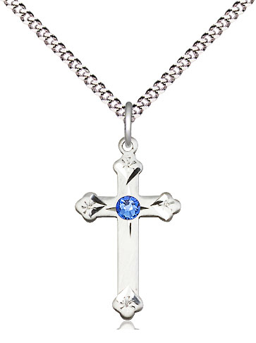 Sterling Silver Cross Pendant with a 3mm Sapphire Swarovski stone on a 18 inch Light Rhodium Light Curb chain