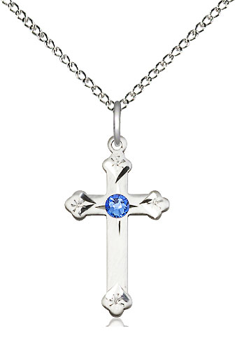 Sterling Silver Cross Pendant with a 3mm Sapphire Swarovski stone on a 18 inch Sterling Silver Light Curb chain