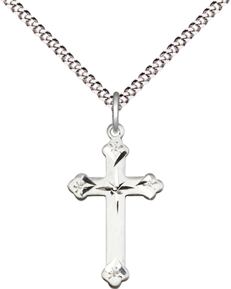 Sterling Silver Cross Pendant on a 18 inch Light Rhodium Light Curb chain