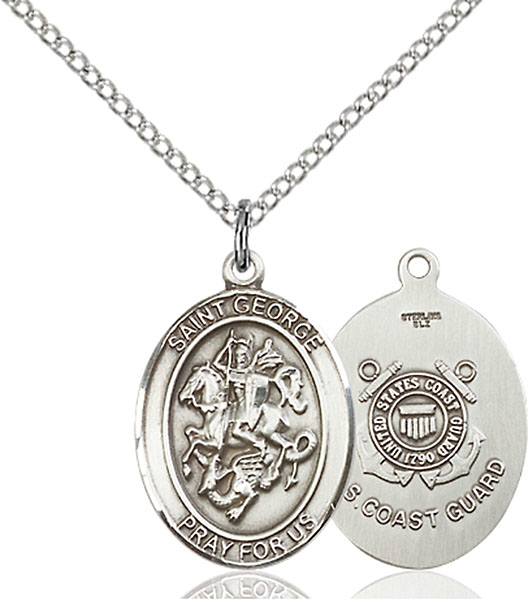 Sterling Silver Saint George Coast Guard Pendant on a 18 inch Light Rhodium Light Curb chain