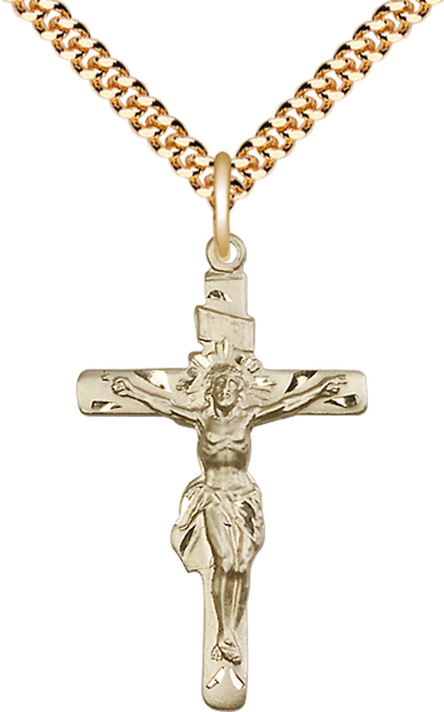 14kt Gold Filled Crucifix Pendant on a 24 inch Gold Plate Heavy Curb chain