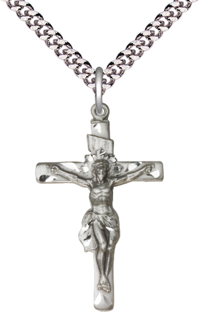 Sterling Silver Crucifix Pendant on a 24 inch Light Rhodium Heavy Curb chain