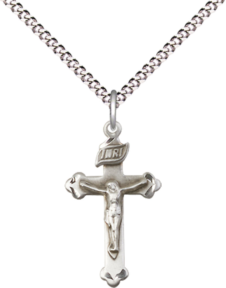 Sterling Silver Crucifix Pendant on a 18 inch Light Rhodium Light Curb chain