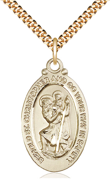 14kt Gold Filled Saint Christopher Pendant on a 24 inch Gold Plate Heavy Curb chain