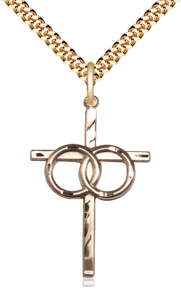 14kt Gold Filled Wedding Rings Cross Pendant on a 24 inch Gold Plate Heavy Curb chain