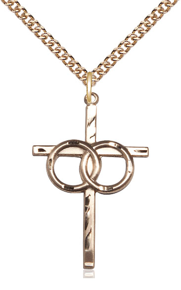 14kt Gold Filled Wedding Rings Cross Pendant on a 24 inch Gold Filled Heavy Curb chain