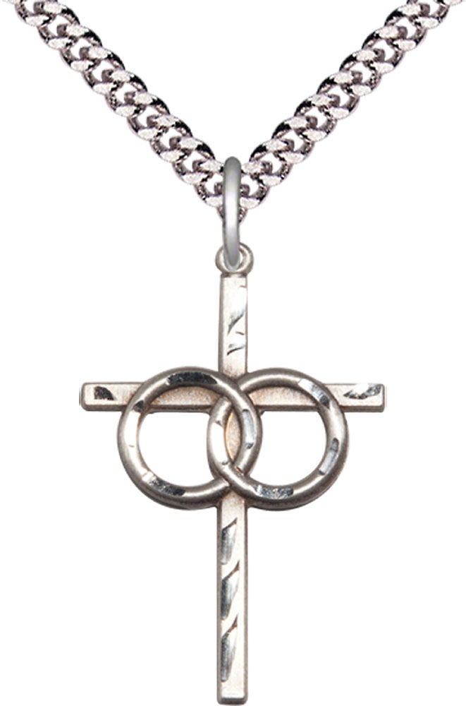 Sterling Silver Wedding Rings Cross Pendant on a 24 inch Light Rhodium Heavy Curb chain
