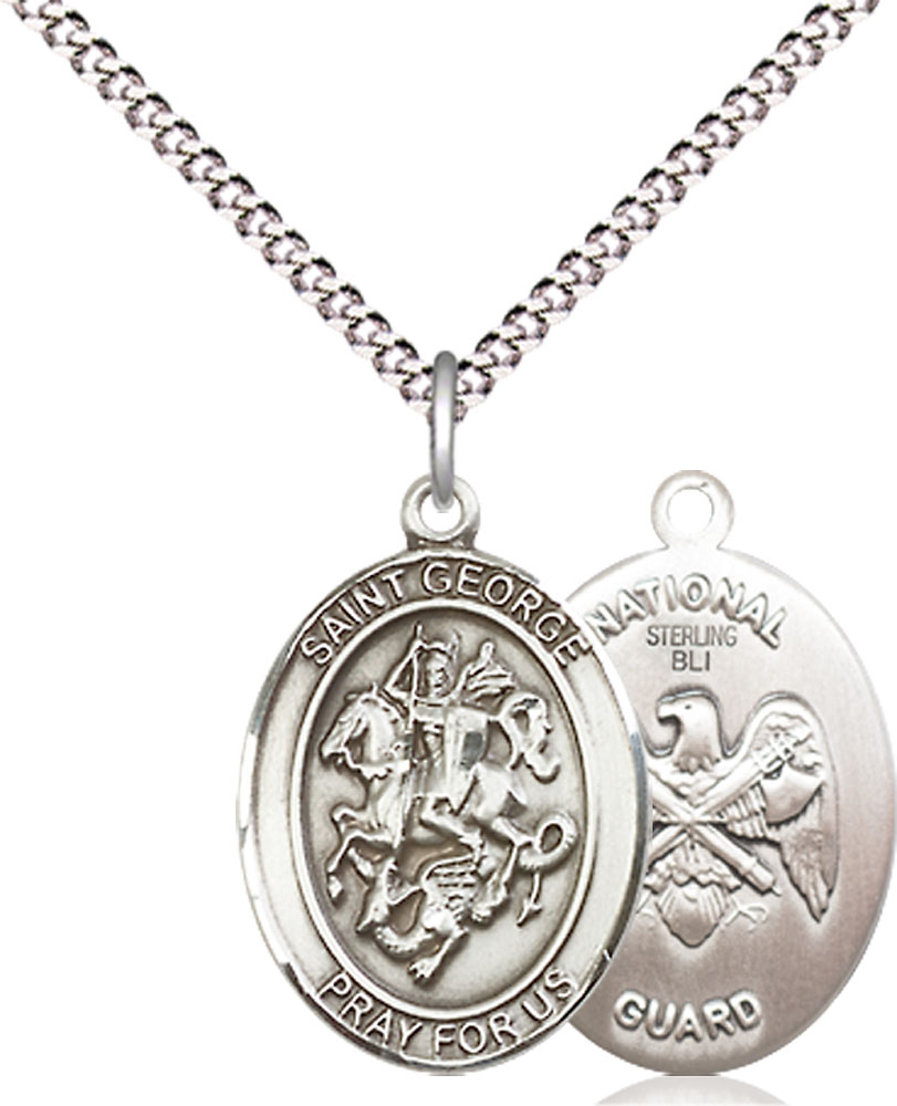Sterling Silver Saint George National Guard Pendant on a 18 inch Light Rhodium Light Curb chain