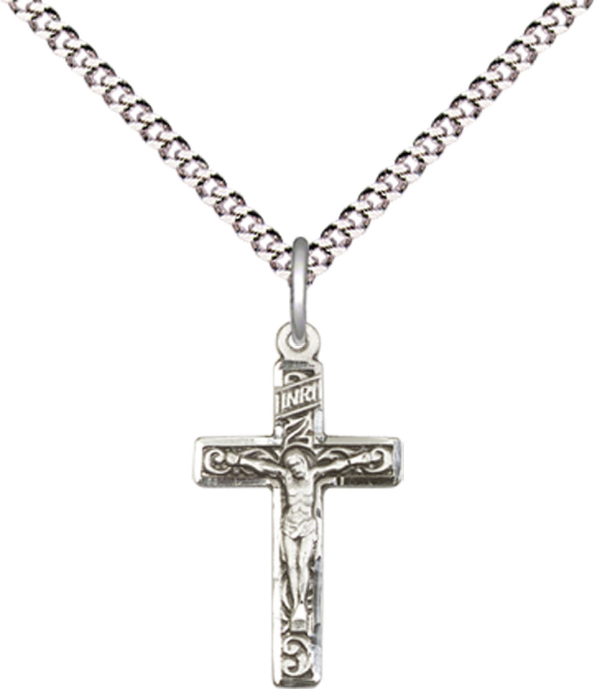 Sterling Silver Crucifix Pendant on a 18 inch Light Rhodium Light Curb chain