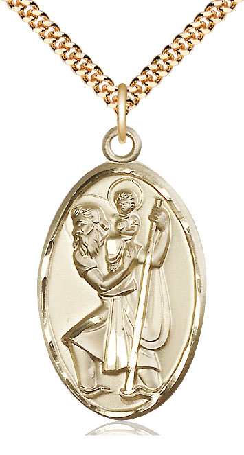 14kt Gold Filled Saint Christopher Pendant on a 24 inch Gold Plate Heavy Curb chain