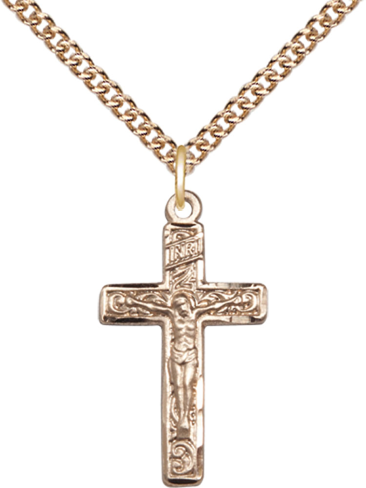 14kt Gold Filled Crucifix Pendant on a 24 inch Gold Filled Heavy Curb chain