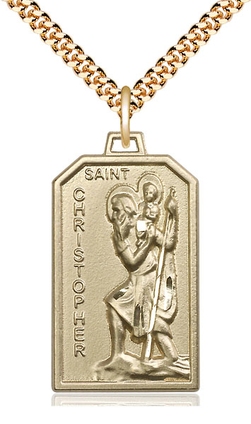 14kt Gold Filled Saint Christopher Pendant on a 24 inch Gold Plate Heavy Curb chain