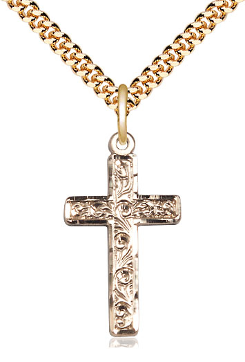 14kt Gold Filled Cross Pendant on a 24 inch Gold Plate Heavy Curb chain