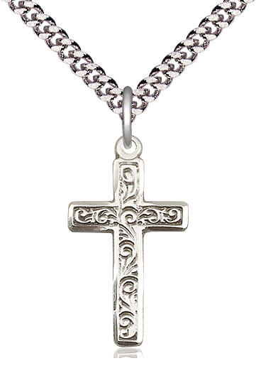 Sterling Silver Cross Pendant on a 24 inch Light Rhodium Heavy Curb chain