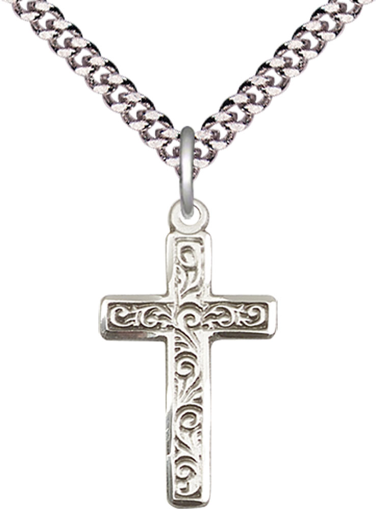 Sterling Silver Cross Pendant on a 24 inch Light Rhodium Heavy Curb chain