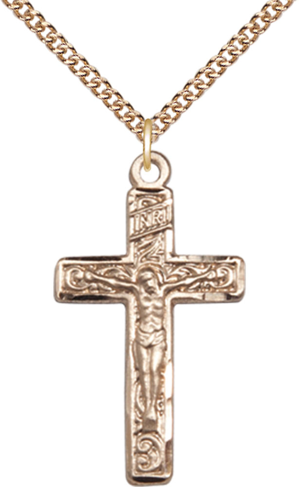 14kt Gold Filled Crucifix Pendant on a 24 inch Gold Filled Heavy Curb chain