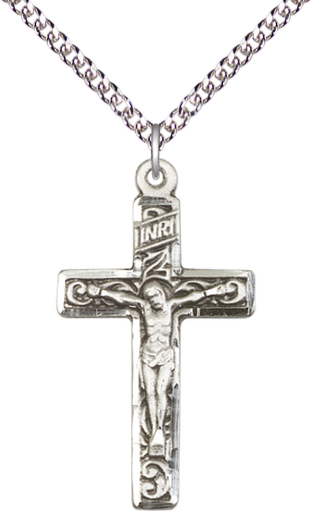 Sterling Silver Crucifix Pendant on a 24 inch Sterling Silver Heavy Curb chain