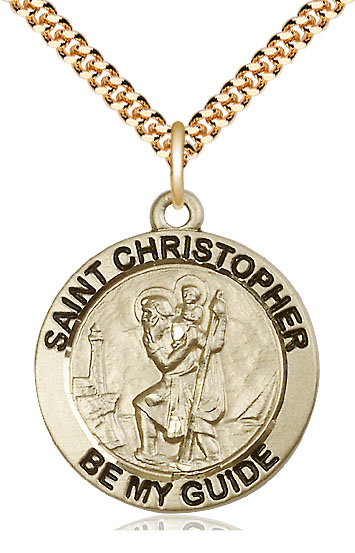 14kt Gold Filled Saint Christopher Pendant on a 24 inch Gold Plate Heavy Curb chain