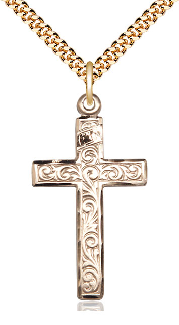 14kt Gold Filled Cross Pendant on a 24 inch Gold Plate Heavy Curb chain