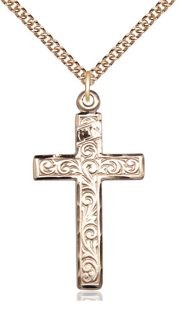 14kt Gold Filled Cross Pendant on a 24 inch Gold Filled Heavy Curb chain