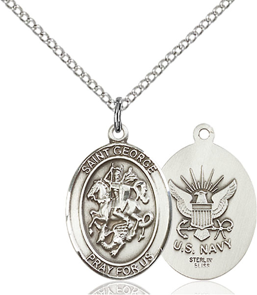 Sterling Silver Saint George Navy Pendant on a 18 inch Light Rhodium Light Curb chain