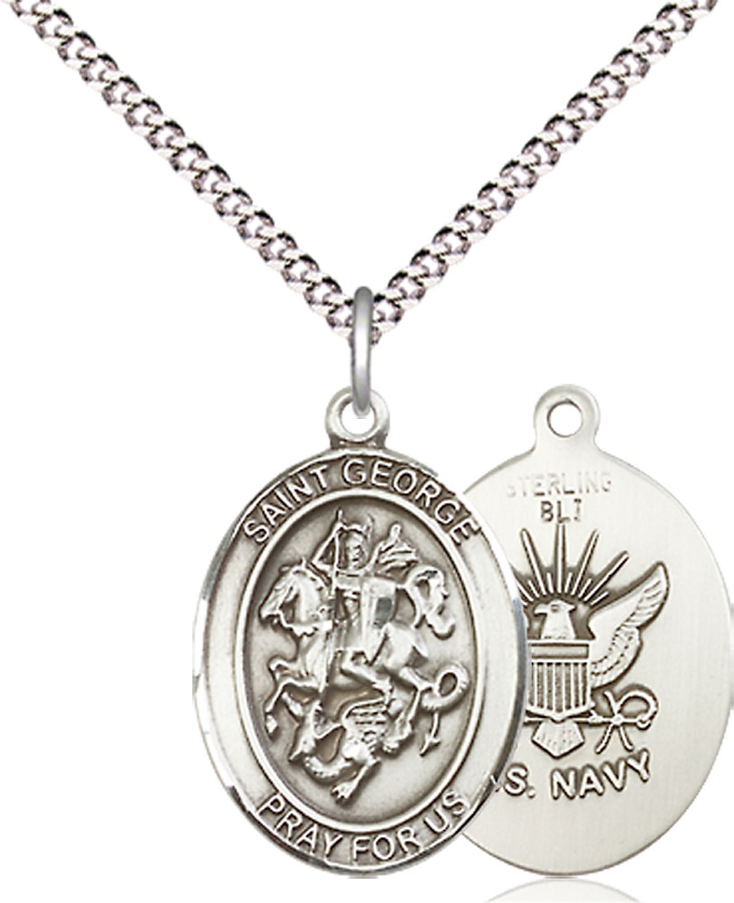 Sterling Silver Saint George Navy Pendant on a 18 inch Light Rhodium Light Curb chain