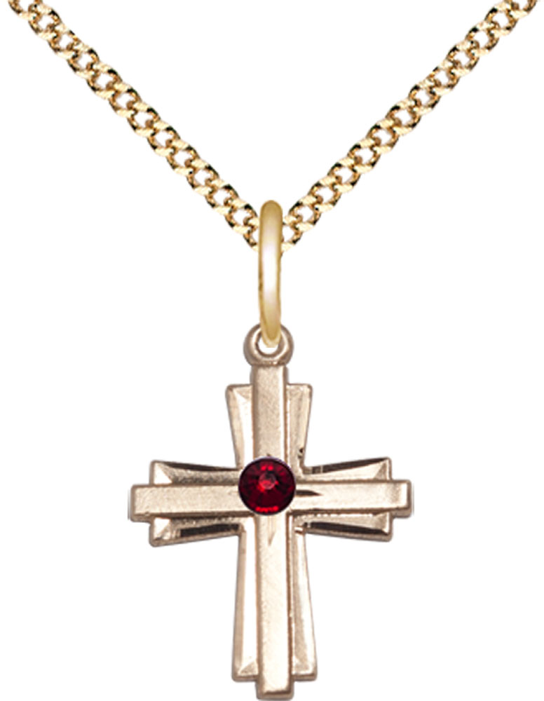 14kt Gold Filled Cross Pendant with a 3mm Garnet Swarovski stone on a 18 inch Gold Plate Light Curb chain