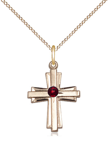 14kt Gold Filled Cross Pendant with a 3mm Garnet Swarovski stone on a 18 inch Gold Filled Light Curb chain