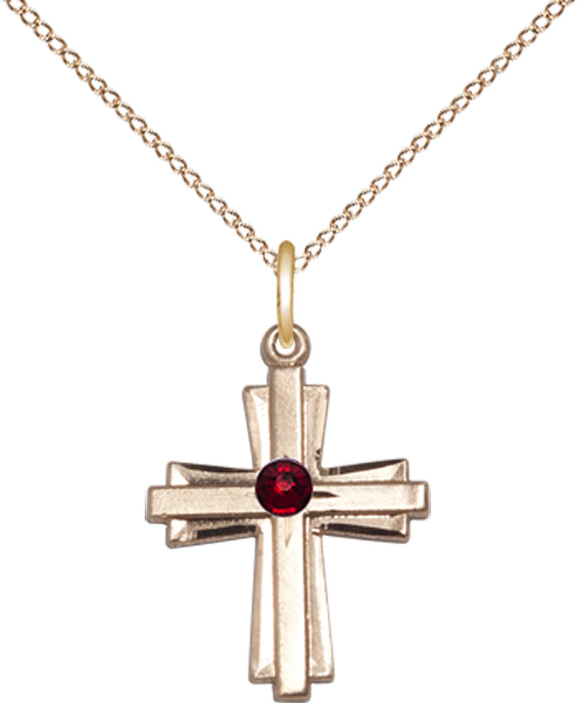 14kt Gold Filled Cross Pendant with a 3mm Garnet Swarovski stone on a 18 inch Gold Filled Light Curb chain