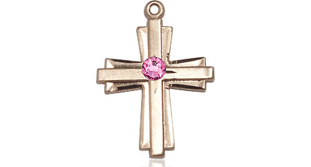 14kt Gold Filled Cross Medal with a 3mm Rose Swarovski stone